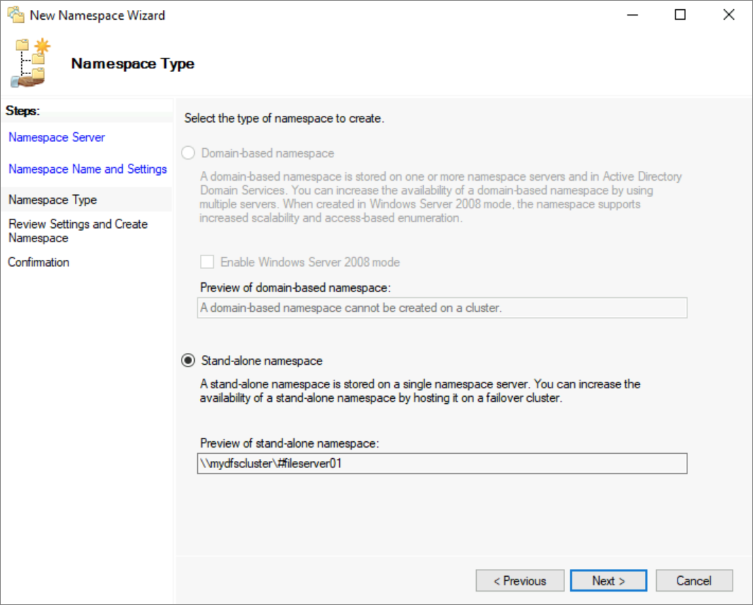 A screenshot of selecting standalone namespace in the New Namespace Wizard.