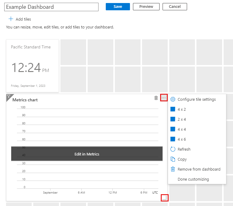 Screenshot del dashboard con il menu dimensioni riquadro aperto.