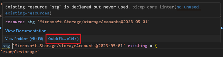 Screenshot che usa Correzione rapida per la regola linter no-unused-existing-resources.