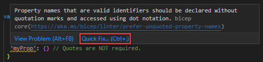 Screenshot della correzione rapida Prefer unquoted property names .The screenshot of Prefer unquoted property names quick fix.The screenshot of Prefer unquoted property names quick fix.