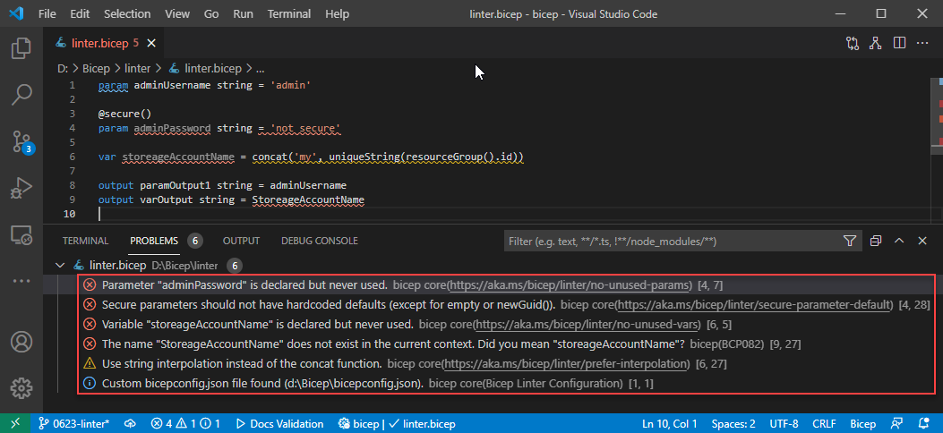 Utilizzo di linter Bicep in Visual Studio Code.