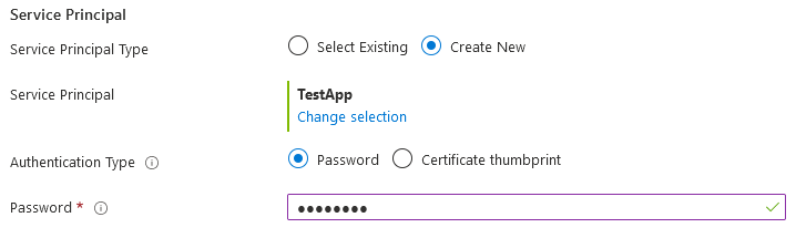 Screenshot delle opzioni di autenticazione Microsoft.Common.ServicePrincipalSelector dopo la registrazione di una nuova applicazione.