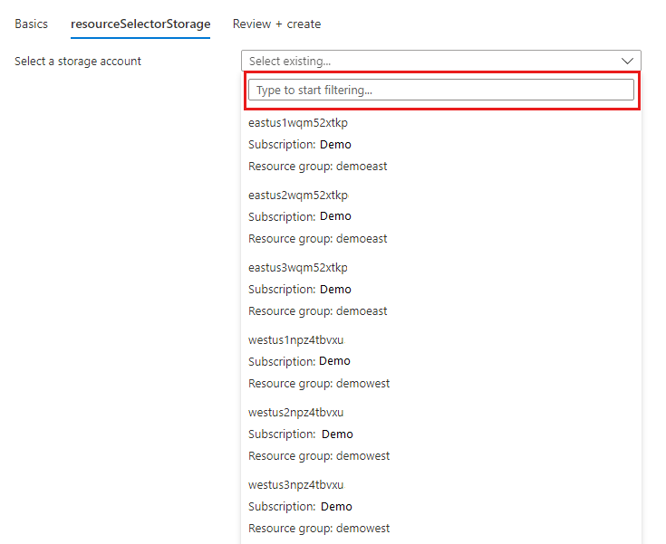 Screenshot dell'elenco di selettori di risorse di tutti gli account di archiviazione in una sottoscrizione.