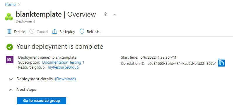 Screenshot di portale di Azure che mostra il riepilogo della distribuzione per la distribuzione blanktemplate.