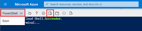 Screenshot di Azure Cloud Shell in PowerShell con l'opzione per caricare un file.