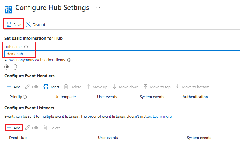 Screenshot della configurazione delle impostazioni dell'hub