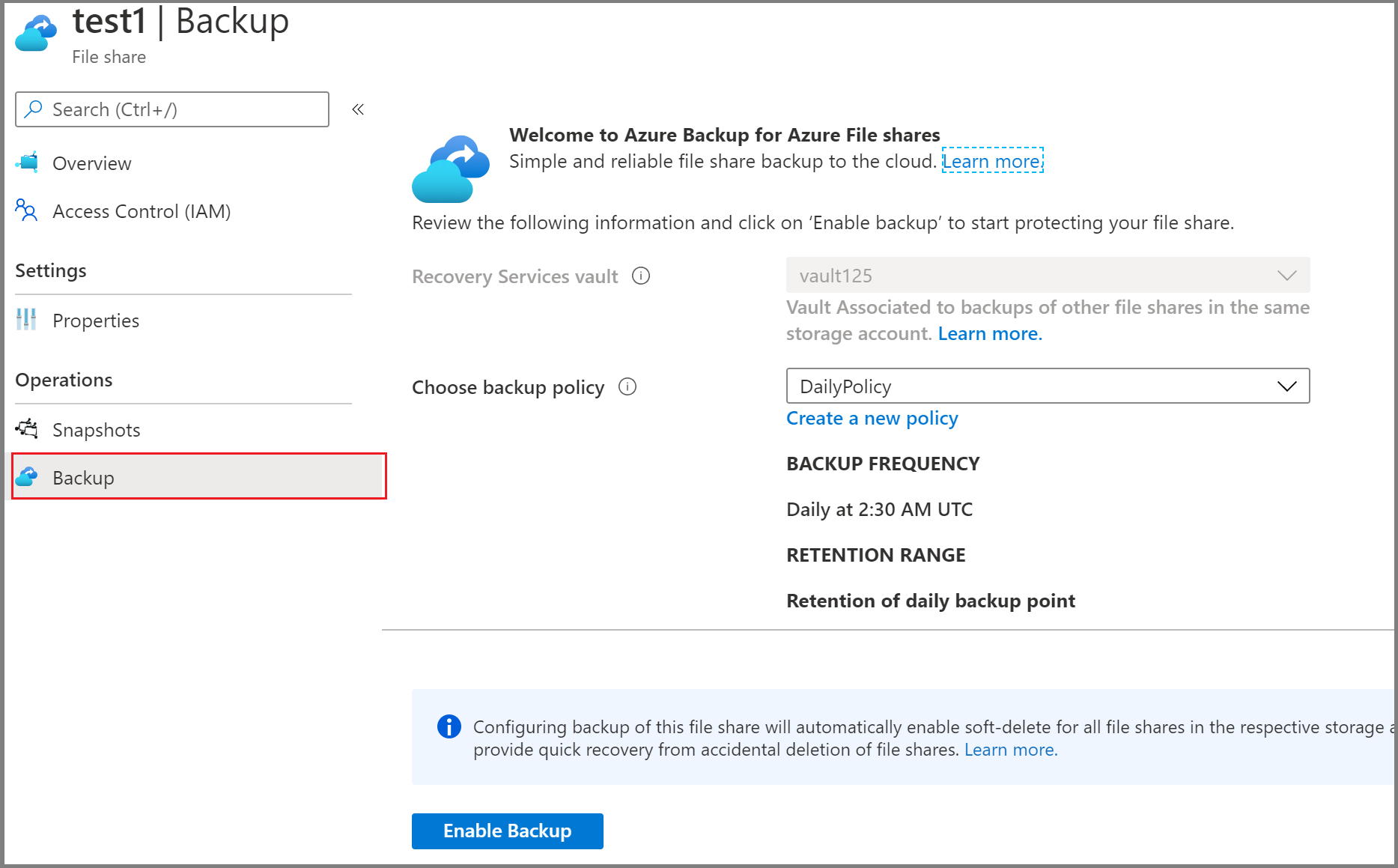 Screenshot che mostra come aprire il pannello Configura backup.