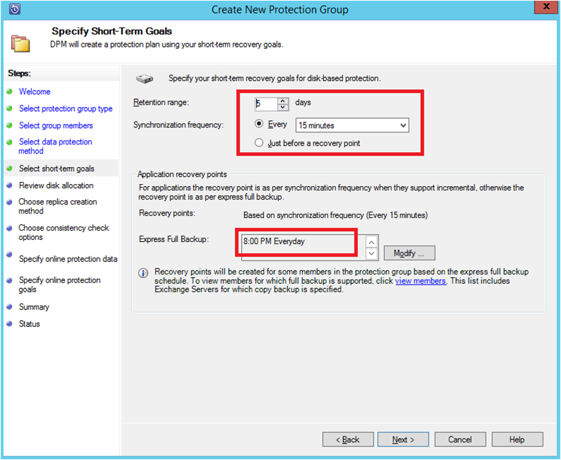 Screenshot che mostra come configurare gli obiettivi a breve termine per la protezione dei backup.