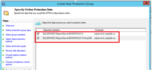 Screenshot che mostra come selezionare le origini dati da proteggere in Azure.