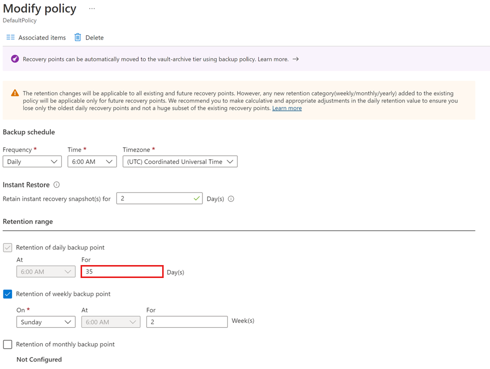 Screenshot che mostra come visualizzare un criterio di backup per la modifica.