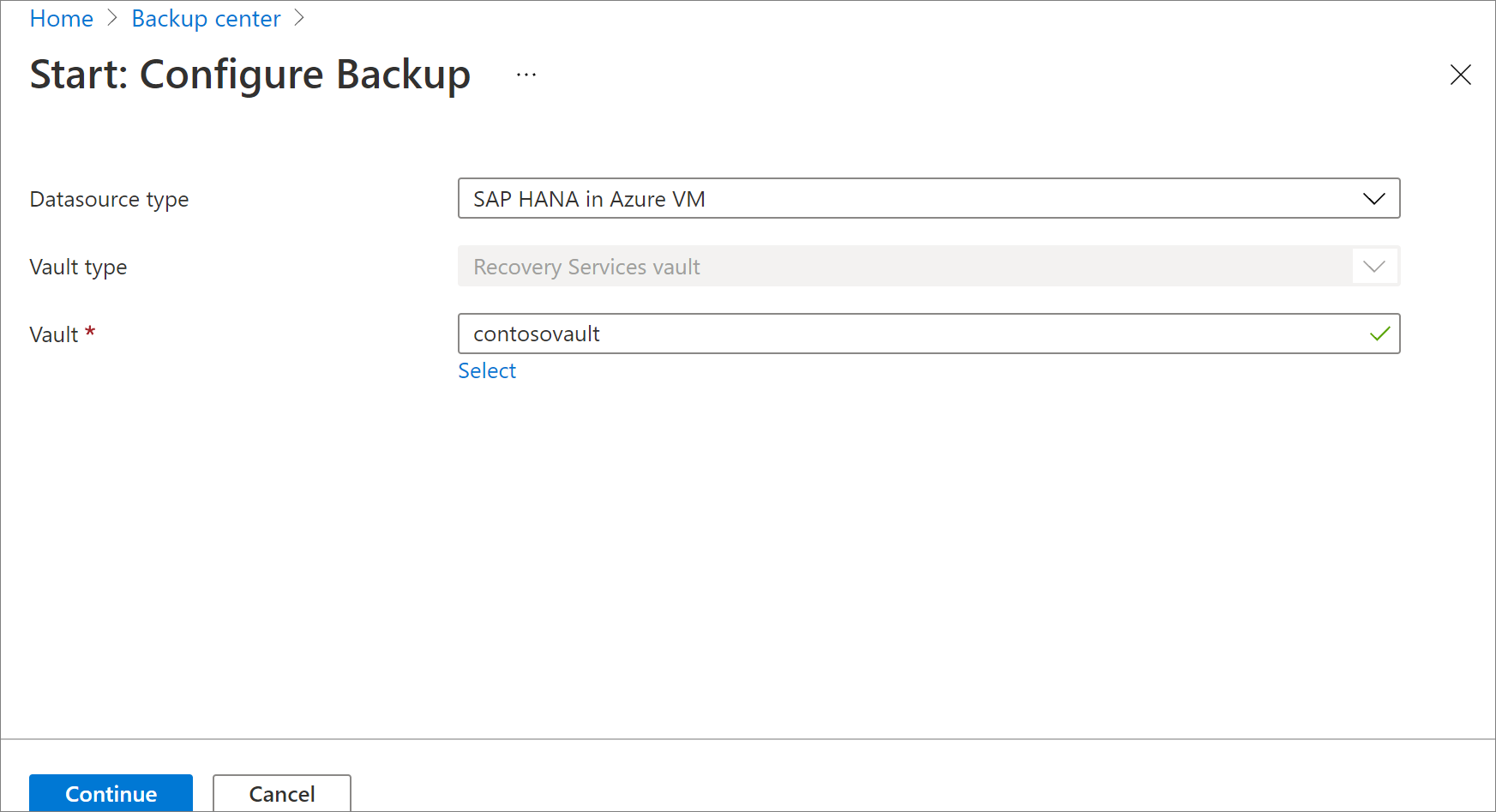 Screenshot che mostra per selezionare un database SAP HANA nella macchina virtuale di Azure.