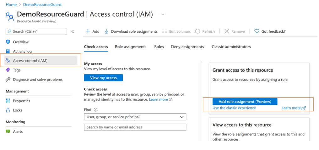 Screenshot che mostra il controllo di accesso demo resource guard-access.