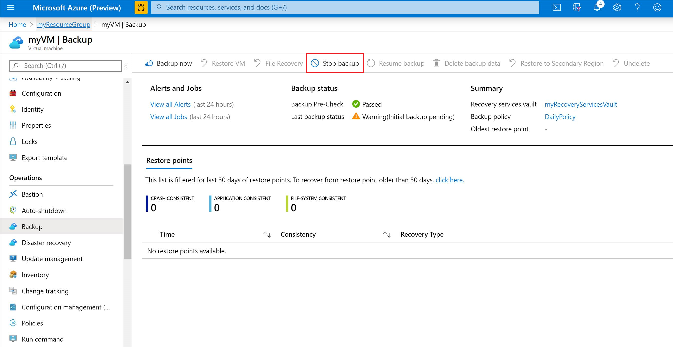 Screenshot che mostra l'interruzione del backup della VM dal portale di Azure.