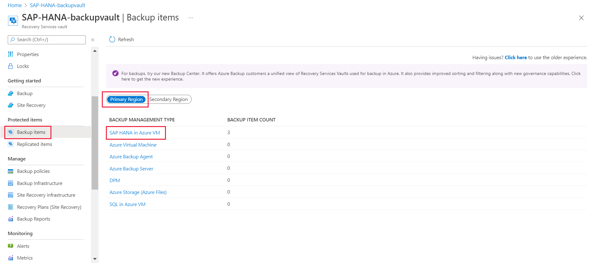 Screenshot che mostra dove selezionare l'opzione area primaria per eseguire il backup del database tenant.