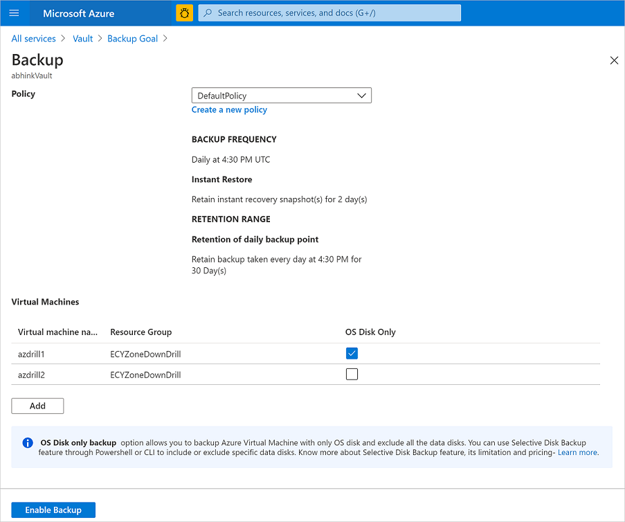 Configurare il backup solo per il disco del sistema operativo