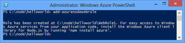 Output del comando Add-AzureNodeWebRole