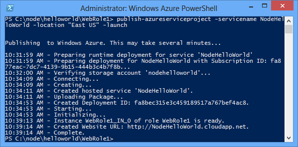 Output del comando Publish-AzureService