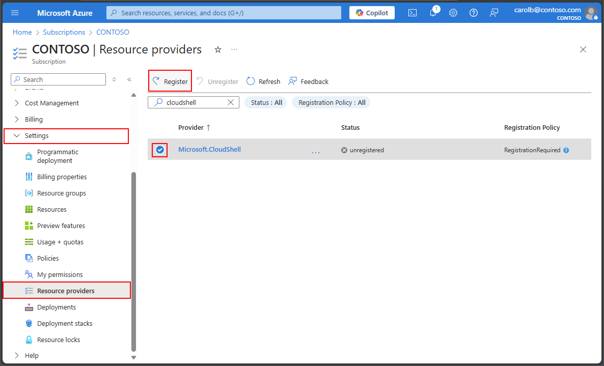 Screenshot della selezione dei provider di risorse nella portale di Azure.