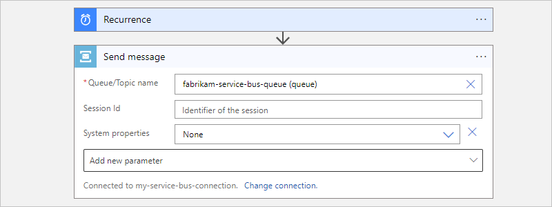 Screenshot che mostra il flusso di lavoro A consumo, l'azione del bus di servizio e informazioni dell'azione di esempio.