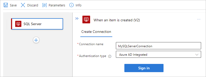 Screenshot che mostra il portale di Azure, il flusso di lavoro Standard e le informazioni di connessione cloud di SQL Server con il tipo di autenticazione selezionato.