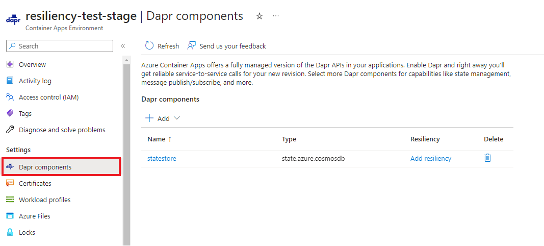 Screenshot che mostra dove accedere ai componenti Dapr associati all'app contenitore.