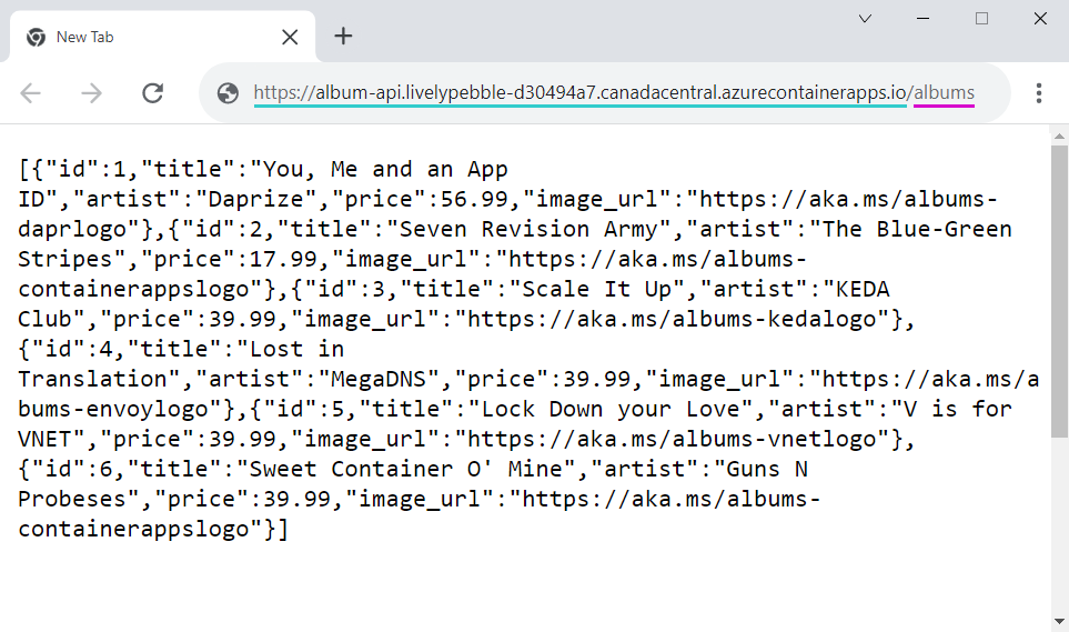 Screenshot della risposta dell'endpoint API album.