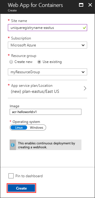 Screenshot che mostra la finestra Crea dell'app Web per contenitori con il pulsante Crea evidenziato.