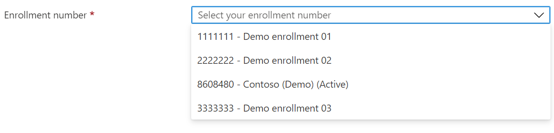 Screenshot che mostra l'opzione Select Enrollment number (Seleziona numero di registrazione).