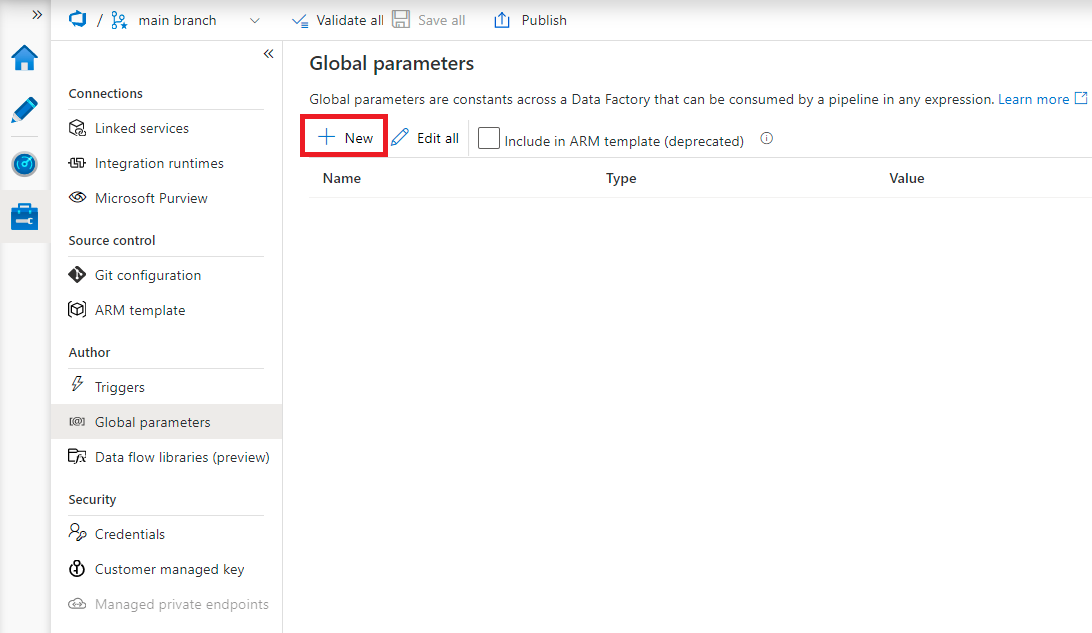 Screenshot che evidenzia il pulsante Nuovo selezionato per creare parametri globali.