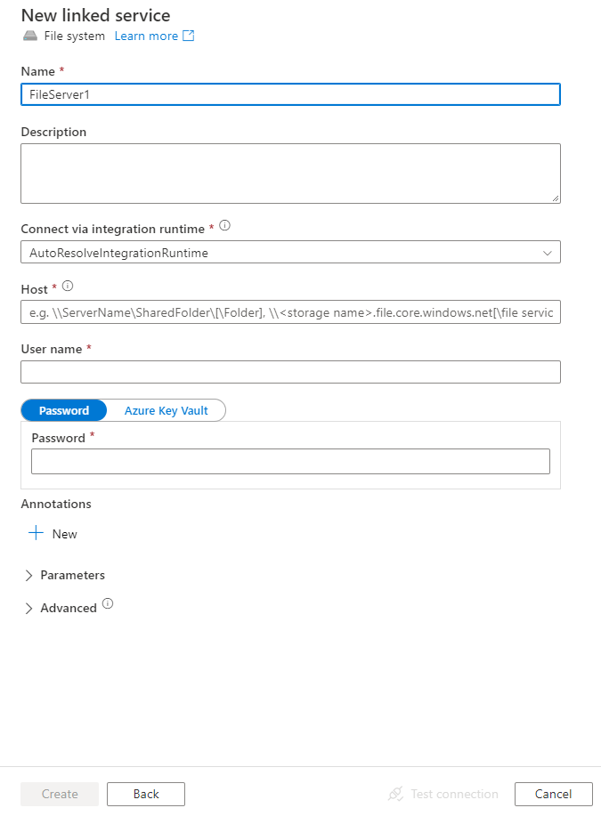 Screenshot della configurazione per il servizio collegato del file system.