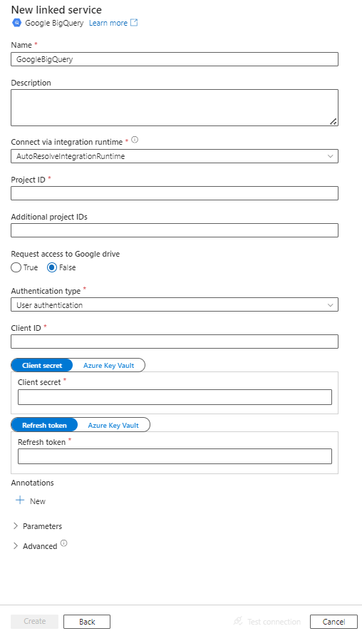 Screenshot della configurazione del servizio collegato per un server Google BigQuery.