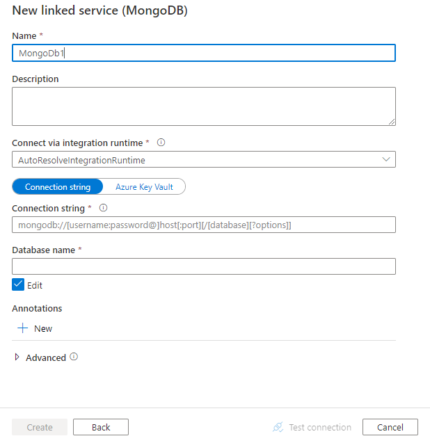 Screenshot della configurazione del servizio collegato per MongoDB.