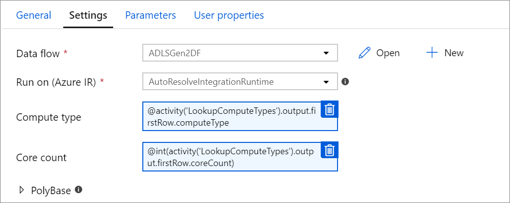 Esempio di parametro Execute Flusso di dati