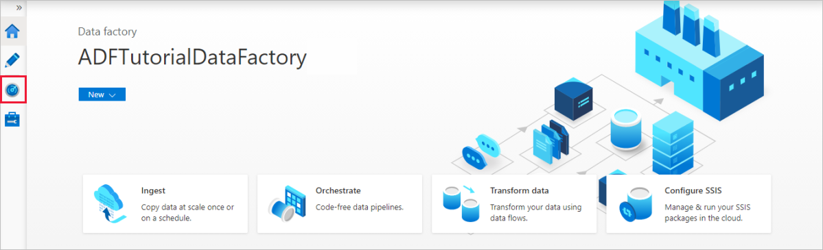 Screenshot che mostra la home page di Azure Data Factory.