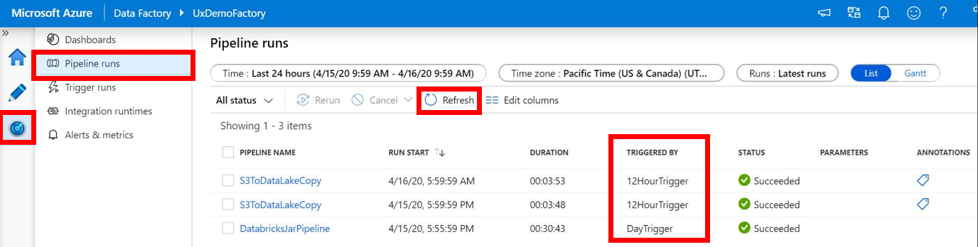 Screenshot che mostra il monitoraggio delle esecuzioni attivate in Data Factory.