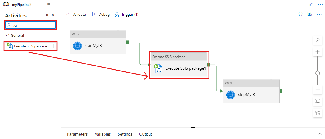 Screenshot che mostra il concatenamento di un pacchetto tra le attività Web in una finestra di progettazione della pipeline.