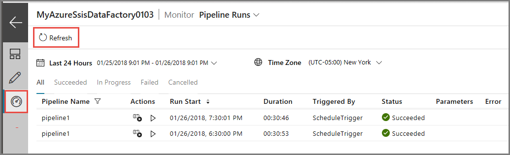 Screenshot che mostra il riquadro per il monitoraggio delle esecuzioni della pipeline.