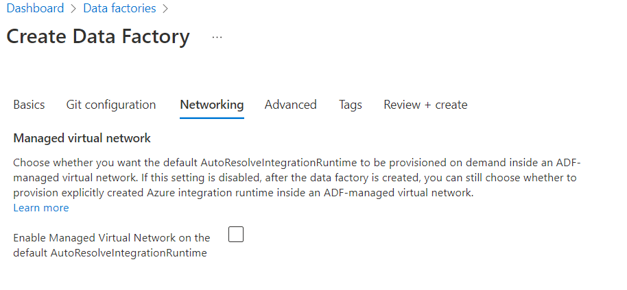 Screenshot dell'abilitazione della rete virtuale gestita durante la creazione della data factory.