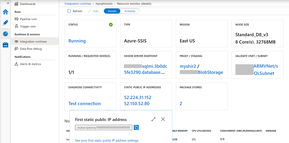 Monitorare il riquadro Azure-SSIS IR - STATIC