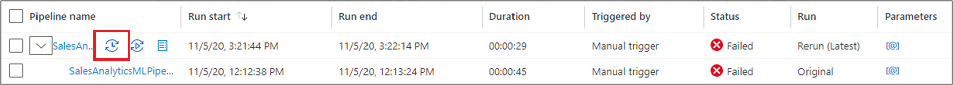 Screenshot della cronologia di visualizzazione per un'esecuzione della pipeline.