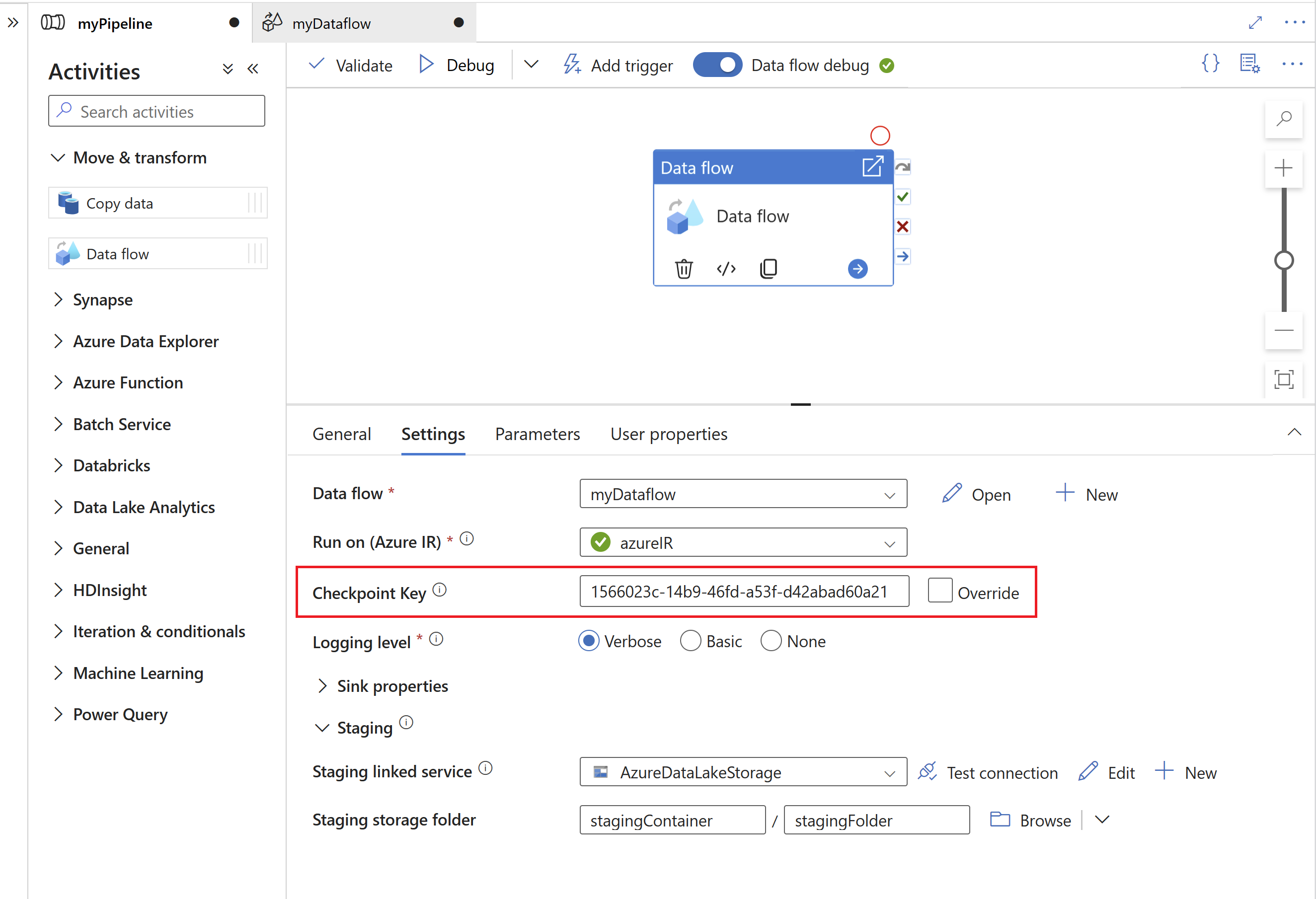 Screenshot della proprietà Chiave checkpoint nell'attività del flusso di dati.