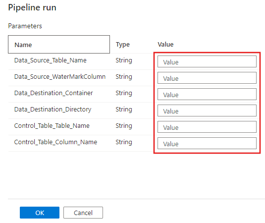 Screenshot che mostra dove scrivere il contenuto per i parametri della stored procedure.