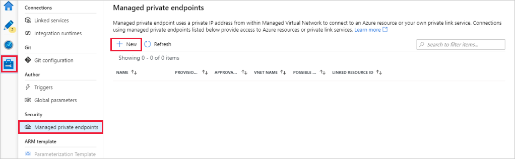 Screenshot che mostra il pulsante Nuovo in Managed private endpoints (Endpoint privati gestiti).