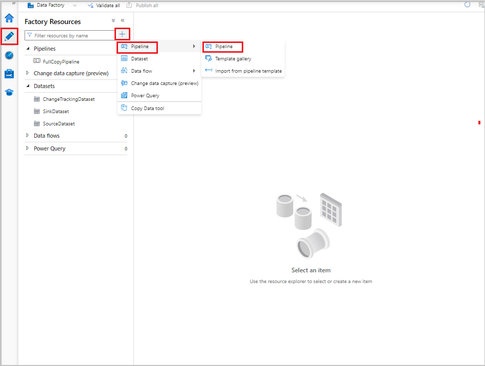 Screenshot che mostra le selezioni per iniziare a creare una pipeline per una data factory.