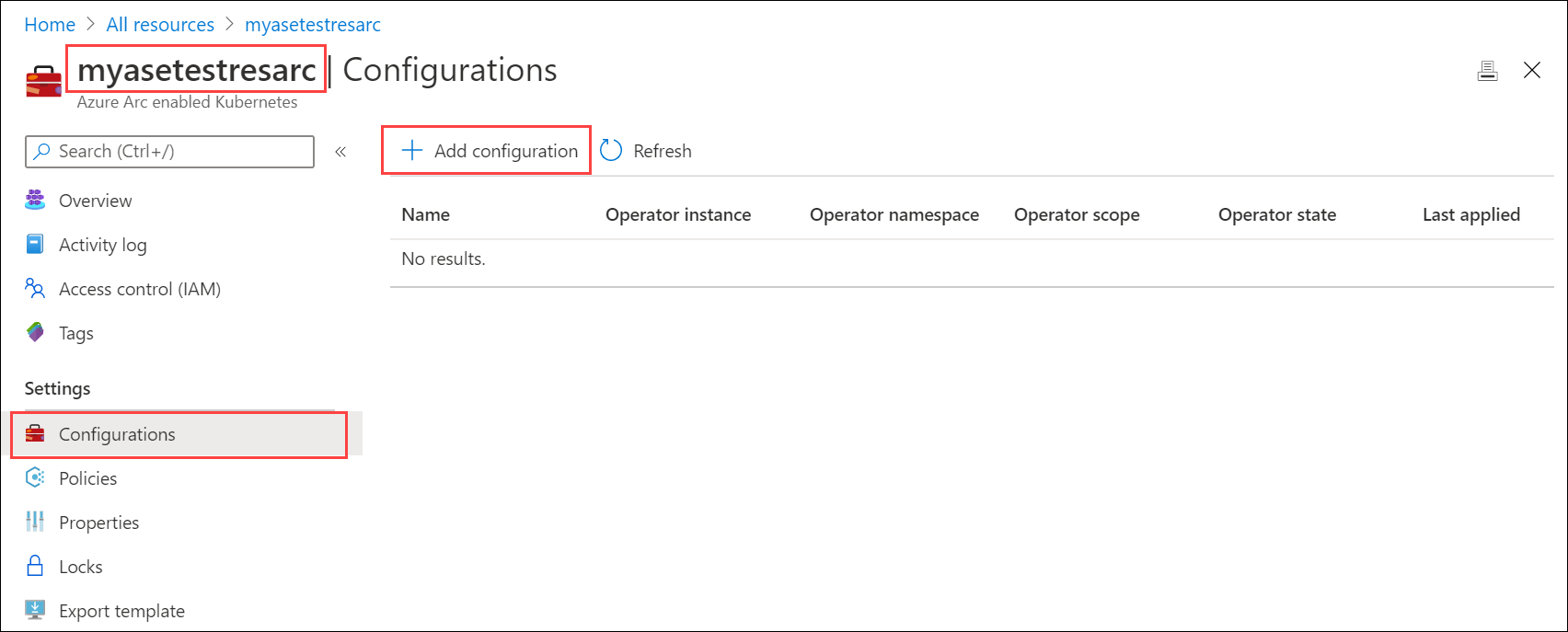 Screenshot che mostra il cluster Kubernetes abilitato per Azure Arc con l'opzione Aggiungi configurazione selezionata.