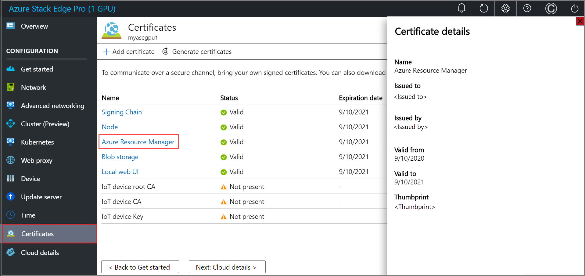 Screenshot of the Add Certificate pane for a node certificate for an Azure Stack Edge device. The certificate type and certificate entries highlighted.