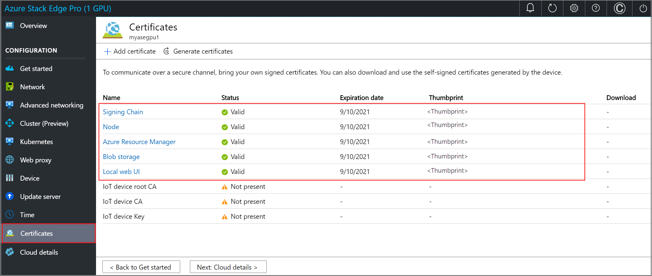 Screenshot of the Certificates page in the local web UI for an Azure Stack Edge device. A newly added set of certificates is highlighted.