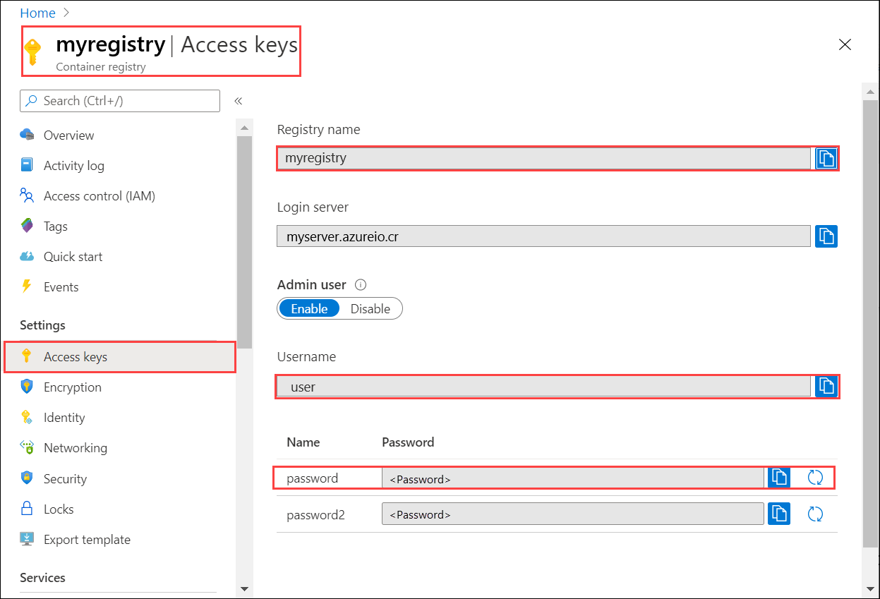 Chiavi di accesso nel registro contenitori