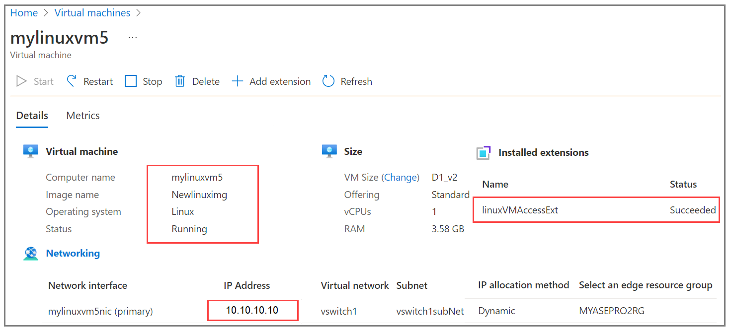 Screenshot del riquadro dei dettagli della macchina virtuale con callout per l'interfaccia di rete e le estensioni installate in Linux.