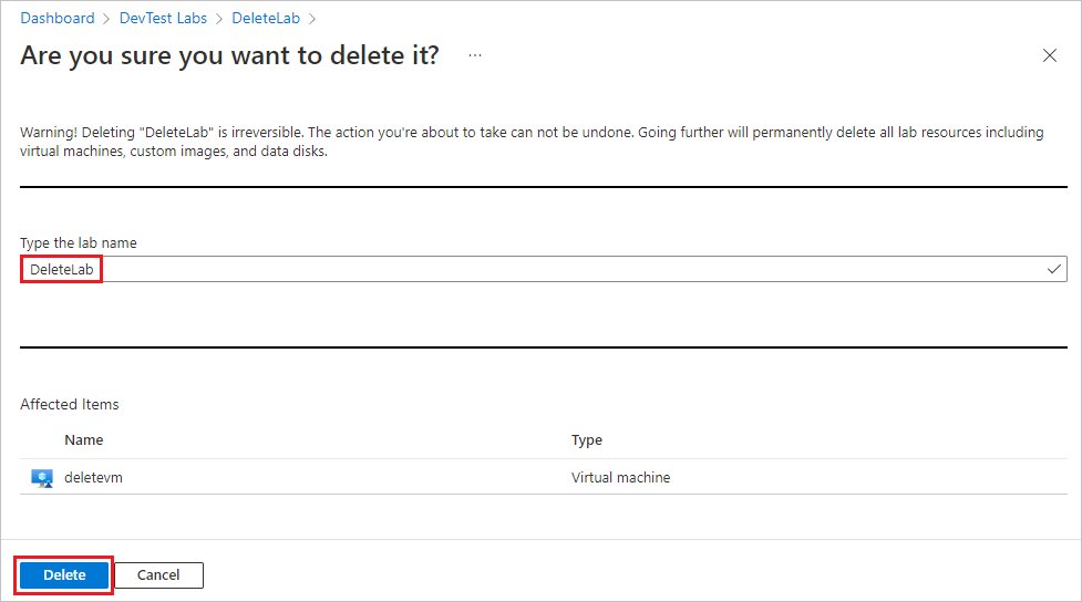 Screenshot della pagina di conferma dell'eliminazione del lab.